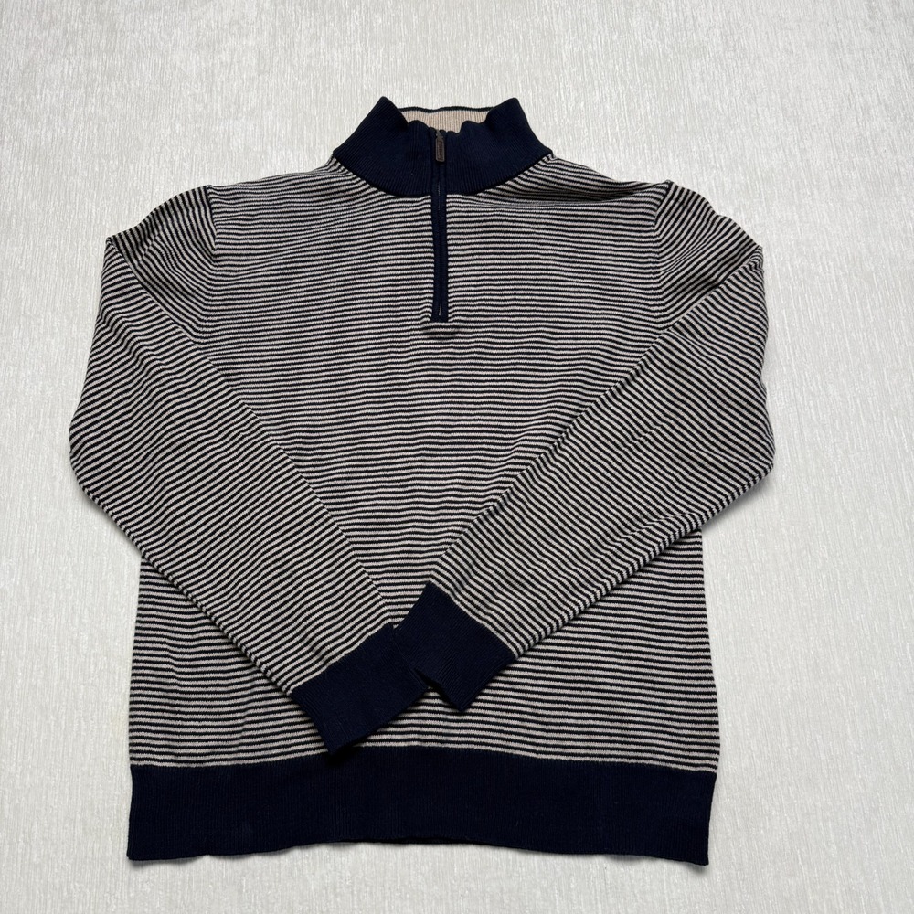 J. Crew Quarter Zip Sweater Mens Large White Blue Striped Knit Cotton Preppy 1/4